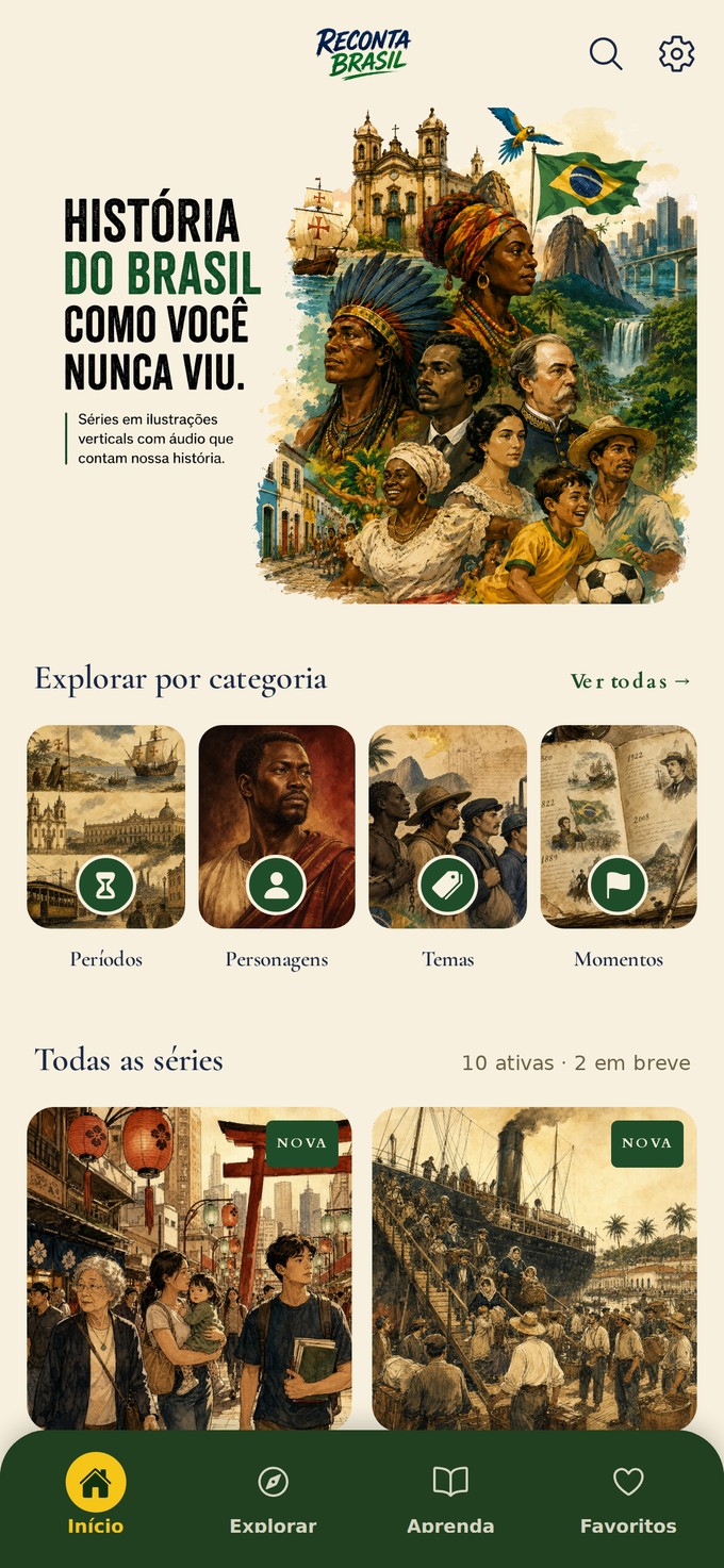 Tela inicial do app Reconta Brasil com séries de história do Brasil