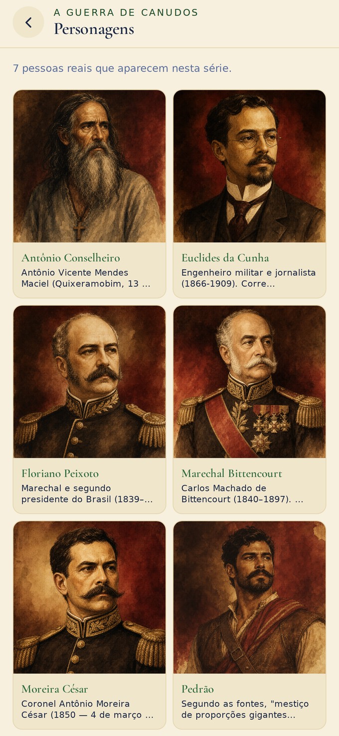 Tela de personagens históricos no app Reconta Brasil