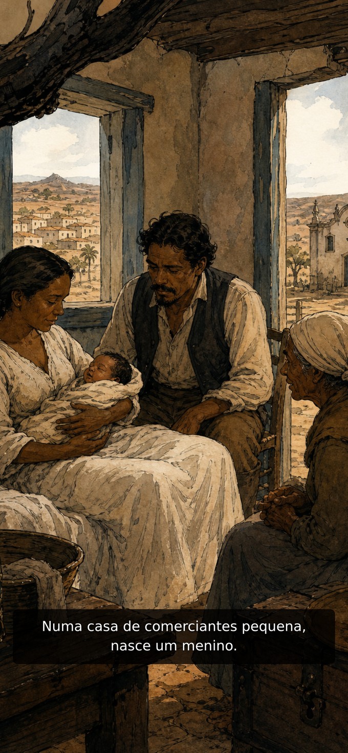 Tela de leitura do app Reconta Brasil com painel ilustrado e narração