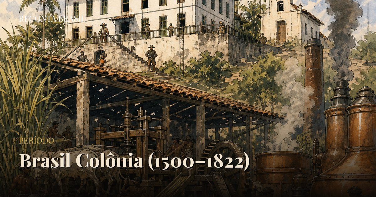 Ilustração de um engenho de açúcar colonial, com casa-grande e senzala