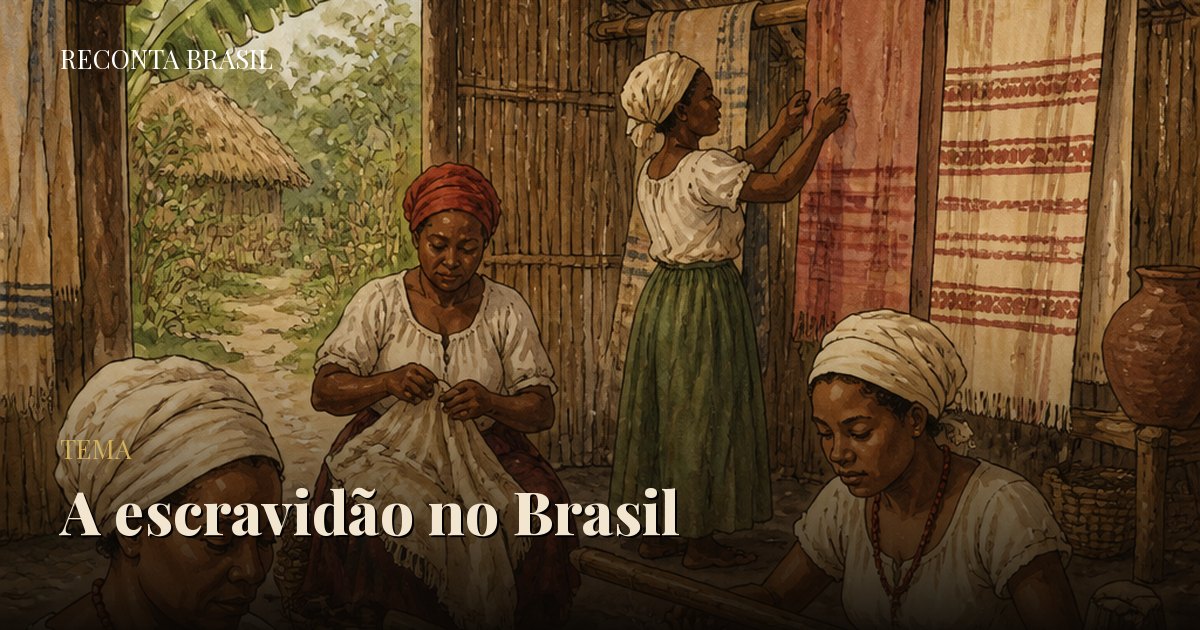 Ilustração de mulheres negras tecendo e trabalhando em um quilombo