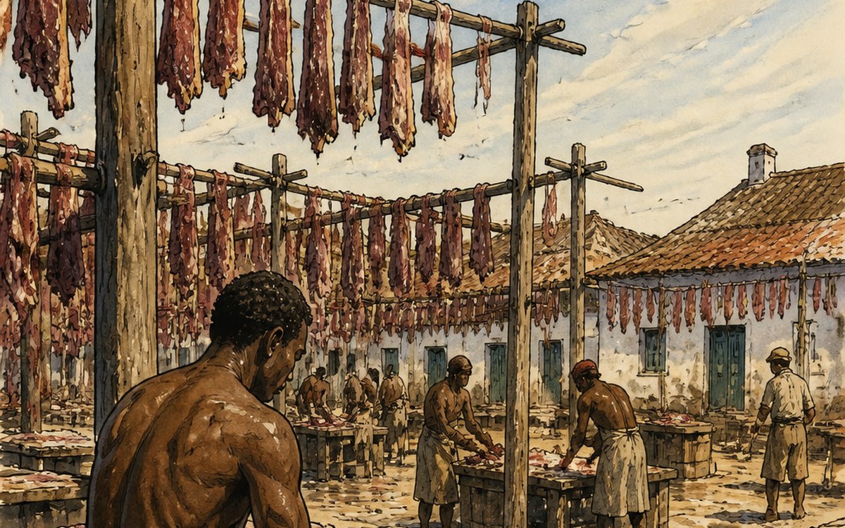 Ilustração de uma mulher a cavalo, com lança, durante a Revolução Farroupilha